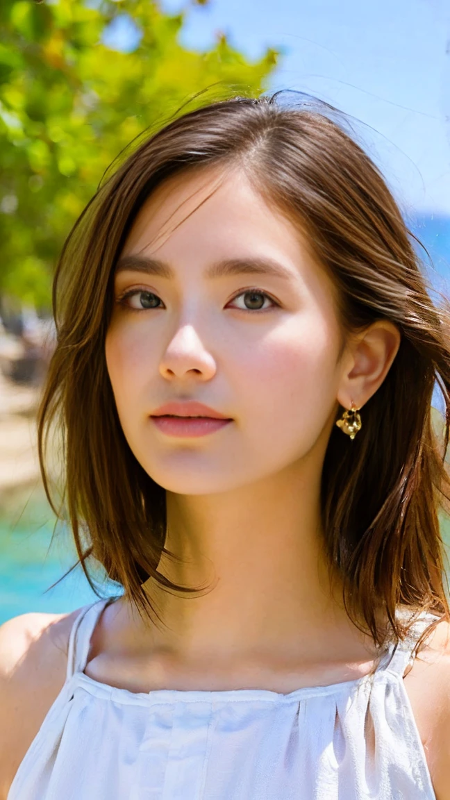(masterpiece), (Highest quality), (Very detailed),(Disheveled Hair),(shape), (One Girl), (Summer clothes), Are standing, Fashion Model, View your audience, (interview), (Beach),Beautiful details, Delicate and beautiful face, floating,(High chroma),(Colorful splashes),Colorful bubbles,(The Shining), Focus on the face,  Hair Ring, Floating Flowers, Floating Hair, (The Shining), Best lighting, Best Shadow,