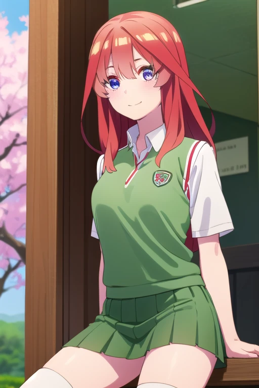 itsukinakano, bangs, blue eyes, hair between eyes, red hair, star \(symbol\), star hair ornament,
BREAK skirt, shirt, , white shirt, short sleeve, pleated skirt, (green skirt:1.5), socks, collared shirt, mini skirt, knee-high stockings, white socks, sweater vest, (red sweater vest: 1.5),
REST leaning forward, arms behind the back, smile, standing, outdoors, cherry blossoms,
REST looking at the viewer,
BREAK (masterpiece:1.2), best quality, high resolution, (beautiful detailed eyes:1.6), extremely detailed face, CG, (perfect hands, perfect anatomy),