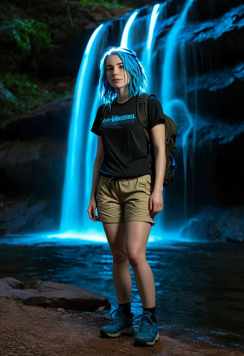 beautiful female, hiking gear, khaki cargo shorts and black tee, backpack, 170lbs, (((pale skin))), wavy hair down to shoulders, blue hrglw, (full body shot:1.5), night, waterfall in background with underwater accent lighting, (glowing_hair:2.0), blue bright hrglw, glowing blue hair, cinematic photo, realistic, (real lighting:1.2), (realistic lighting:1.5), (real ilumination:1.2), (realistic ilumination:1.5), (shadows:1.2),(real shadows), 4k, highly detailed, (soft chin)