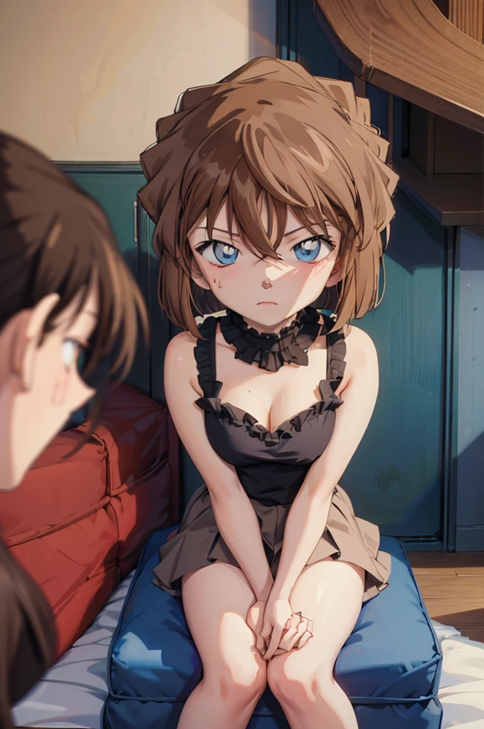 Highest quality, masterpiece, 4K, Highly detailed face, Highly detailed skin, Highly detailed wallpaper, Japanese anime, Second Dimension, Fine skin, Very beautiful cleavage, NSFW, Baby Face, whole body, One girl, Embarrassed face, On the bed, Bob Hairstyle, Brown Hair, Detective Conan, Haibara Ai, Shelley, Sweaty, Adult appearance, Cosplay, Mine system, mini skirt, Eyes are hearts, Seducing a man, Spread your legs in an M shape