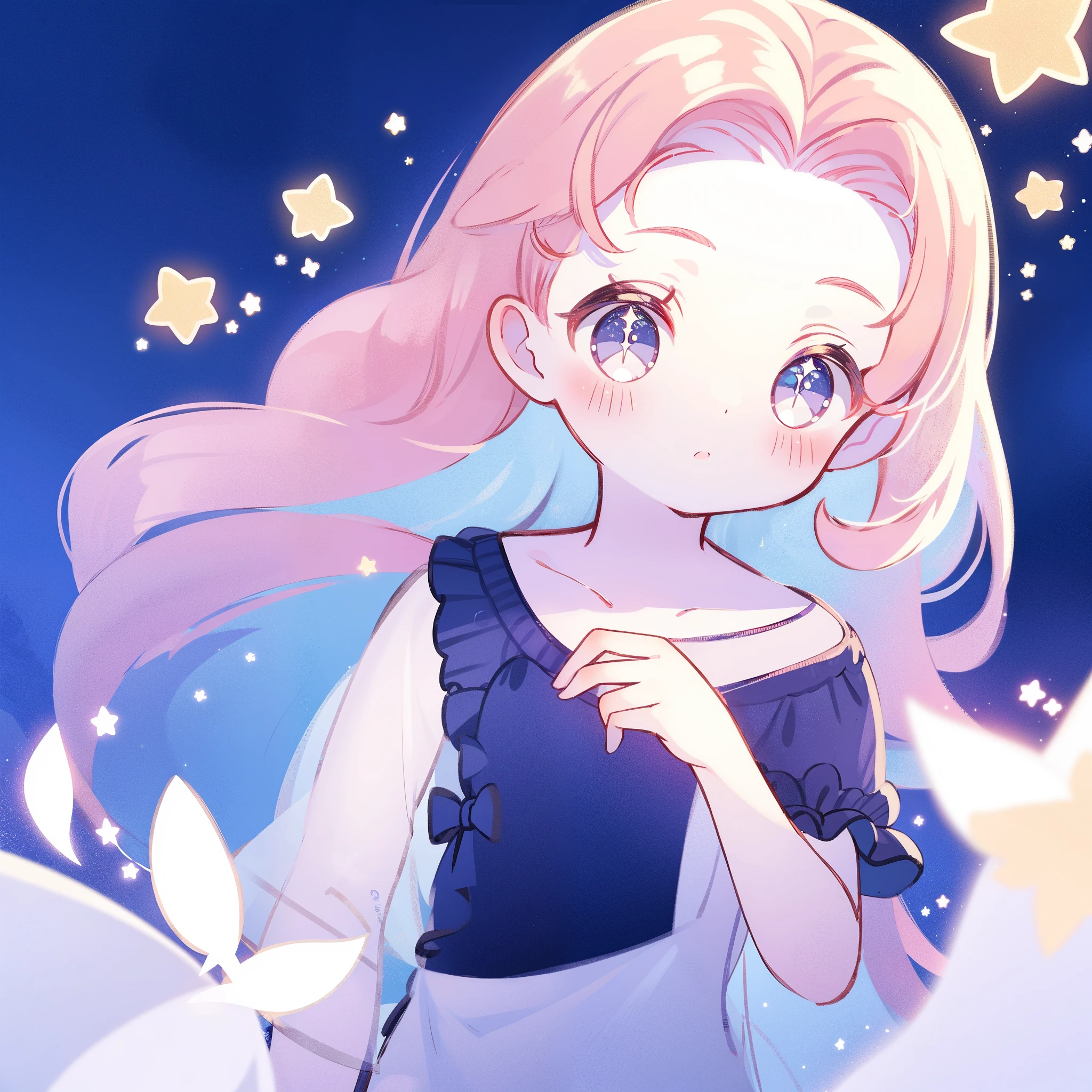 angel girl wearing an ethereal translucent dress, pale skin and light pink hair, white feathers, sparkling detailed eyes, golden ratio face, perfect composition, highly detailed, ethereal, (starry night sky background), midjourney style