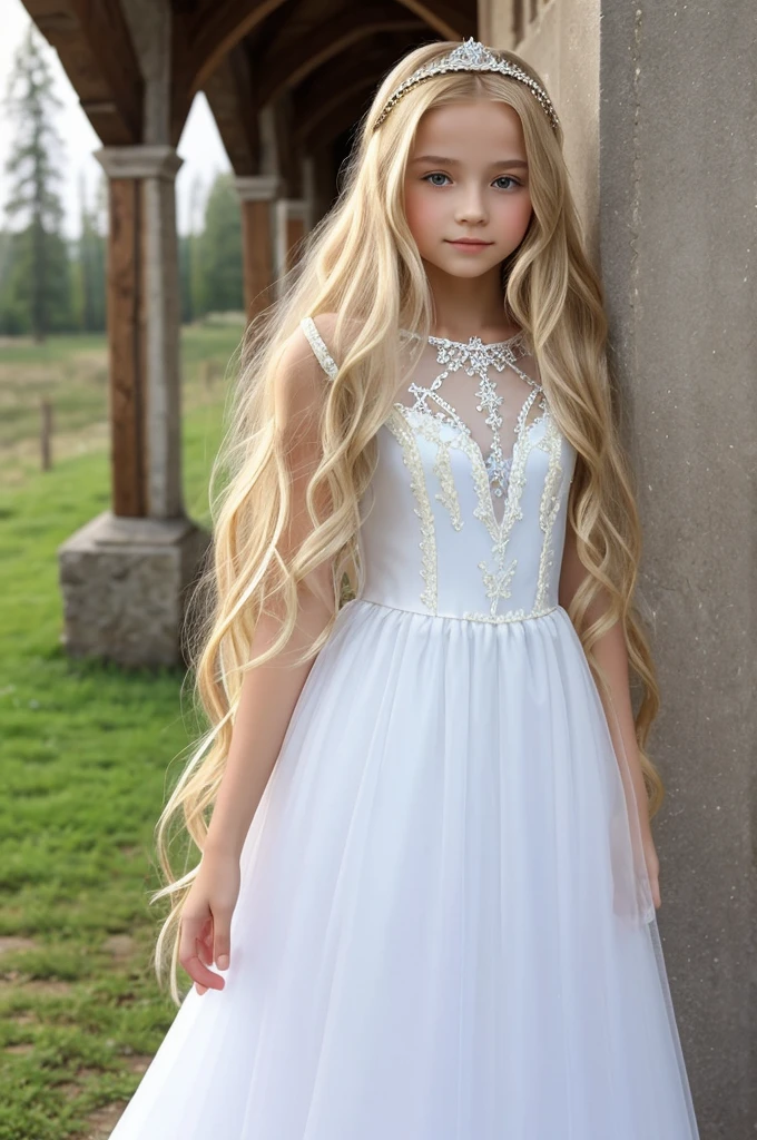 beautiful little medieval russian princess girl 14 year old, long blonde wavy hair, transparent white dress