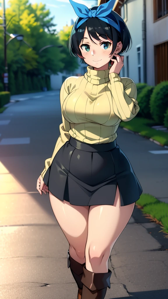 ((((kipteitei art)))), ((highres)),Masterpiece, high quality, best quality, beautiful, perfect lighting, detailed face, ultra cute face, ((1girl)), ((solo), ((((sarashina ruka)))), ((blue hairband)), ((tan turtle neck sweater)), ((black short skirt)), black socks, loafers, looking at viewer, cowboy shot, sweet smile, cute, happy, medium breasts, perky breasts, wide hips, thick thighs, thicc, town, street,