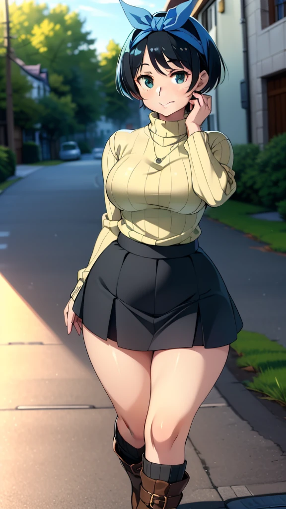 ((((kipteitei art)))), ((highres)),Masterpiece, high quality, best quality, beautiful, perfect lighting, detailed face, ultra cute face, ((1girl)), ((solo), ((((sarashina ruka)))), ((blue hairband)), ((tan turtle neck sweater)), ((black short skirt)), black socks, loafers, looking at viewer, cowboy shot, sweet smile, cute, happy, medium breasts, perky breasts, wide hips, thick thighs, thicc, town, street,