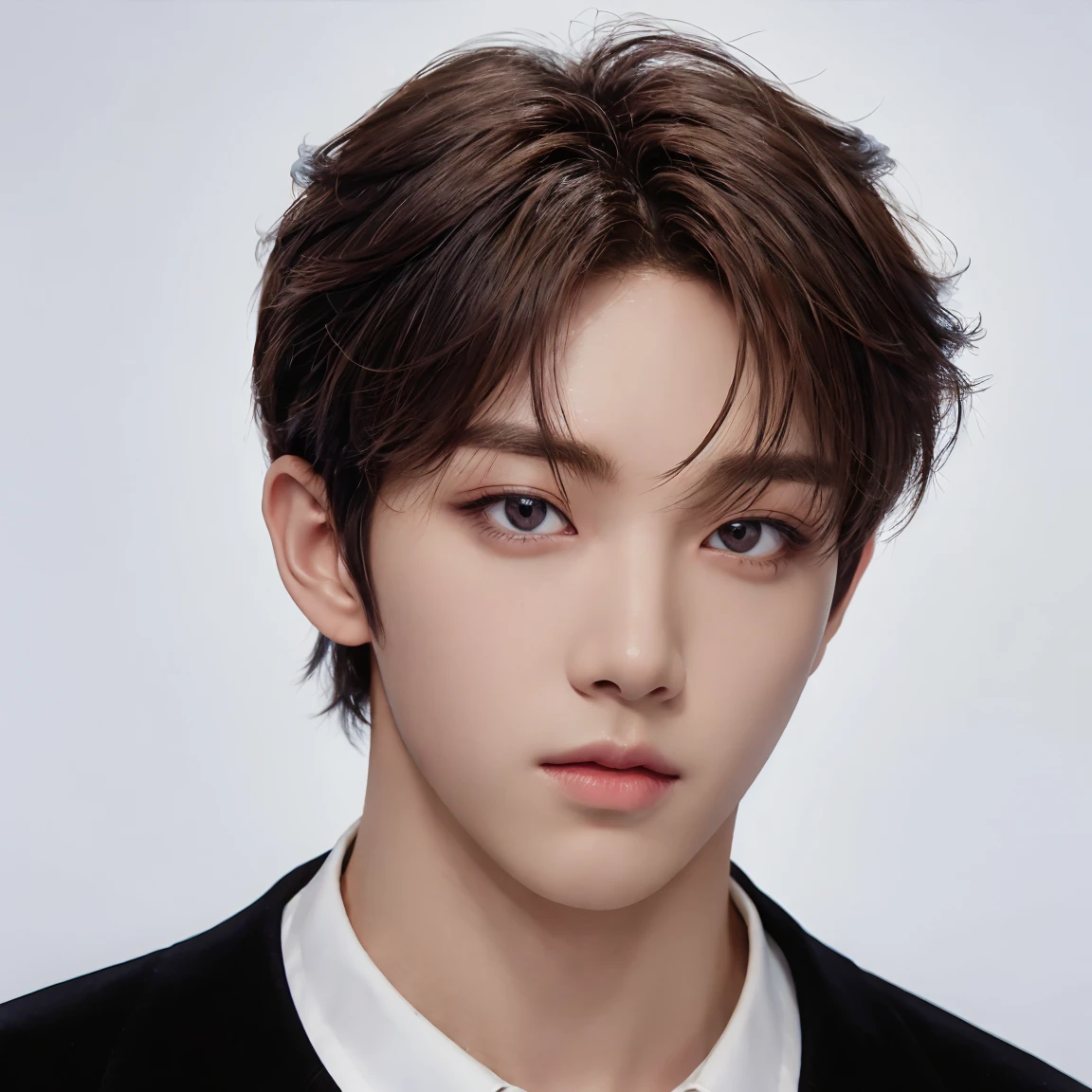 professional shoulder up photograph, handsome young man, model, crew cut, detailed face, detailed eyes, plain background, kpop