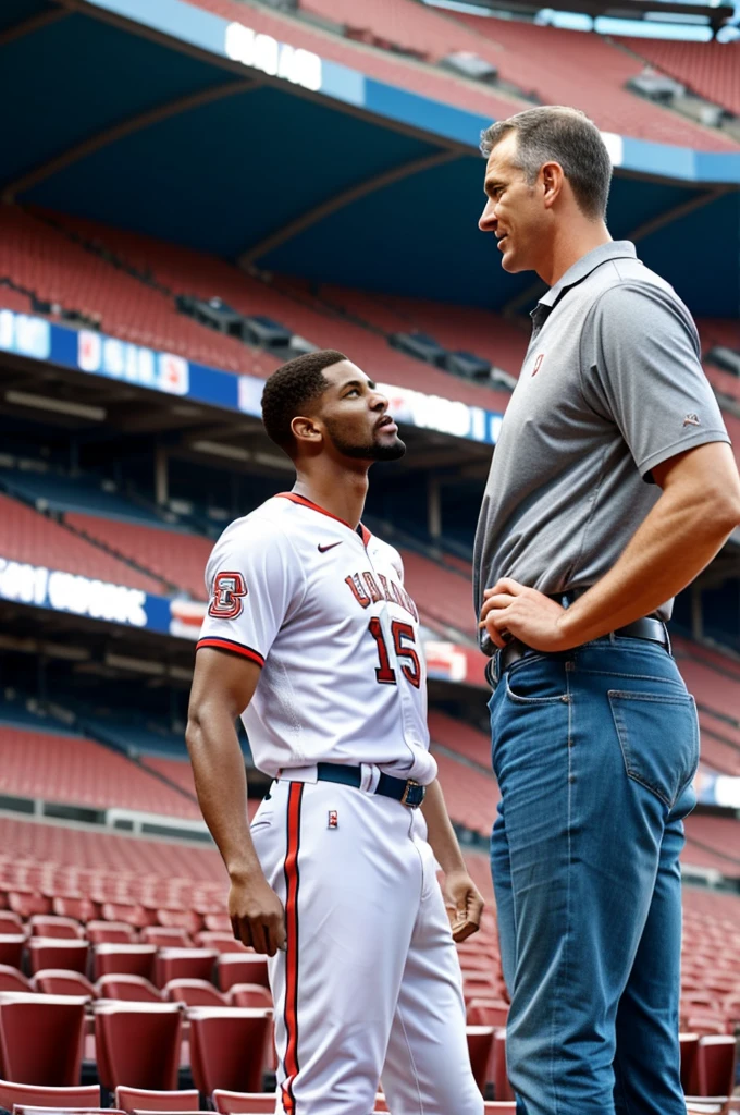 Tall man talking to another man in the stands of a stadium