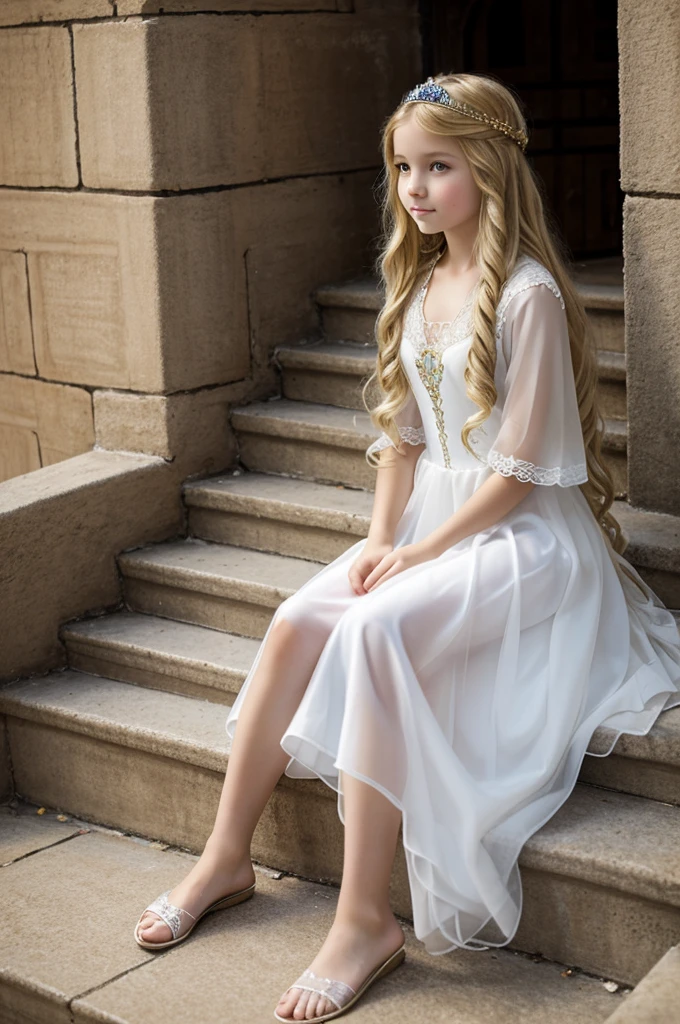 beautiful little medieval russian princess girl , long blonde wavy hair, transparent white dress, sittin o the stairs.