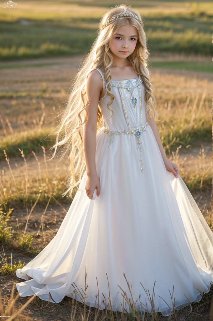 beautiful little medieval russian princess girl , long blonde wavy hair, transparent white dress