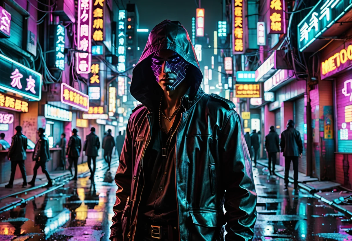 In the hauntingly atmospheric corner of a retro-futuristic digital dystopia, an enigmatic figure emerges - a lone hacker, illuminated by neon-soaked city streets. This neo-noir bohemian photograph captures the essence of the protagonist's clandestine existence, depicted through meticulous attention to detail. Each pixel of the image displays a seamless fusion of vibrant cyberpunk aesthetics and gritty noir ambiance, showcasing the meticulous craftsmanship behind this masterpiece.