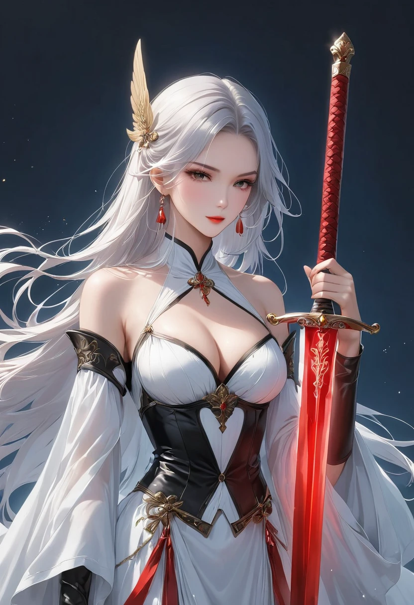 Girl with sword,Simple lines,Light underwear,(transparent),The chest is faintly visible,Cleavage,Minimalism,Holding a red long sword,