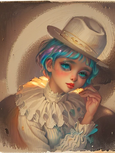 painting of a woman with a hat and flowers in her hand, !!!esao andrews!!!, clown girl, margaret keane style, goth clown girl, inspired by Esao Andrews, benjamin lacombe, mime, by Margaret Keane, art deco flower shaman, style of esao andrews, girl with a flower face, by Randy Vargas, inspired by Margaret Keane