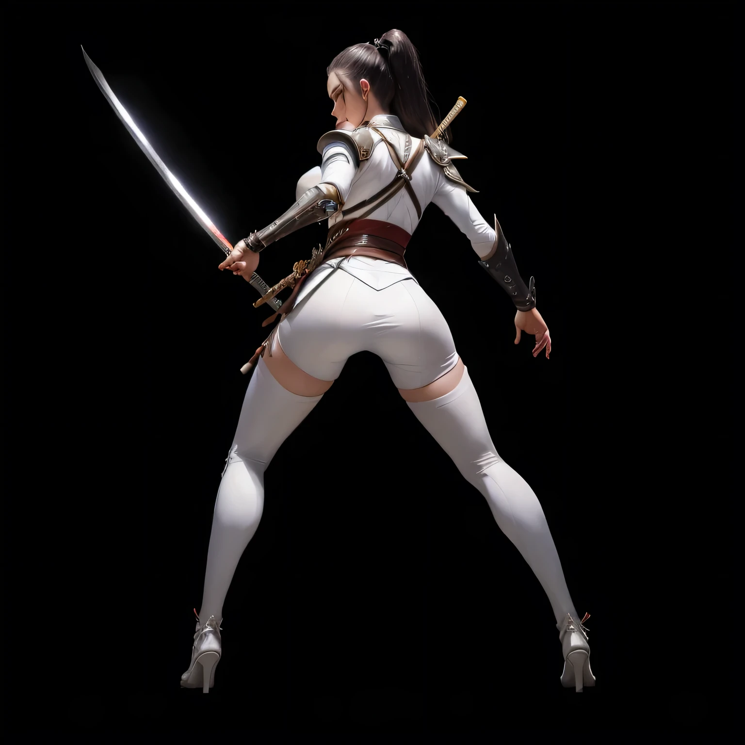 One was dressed in white、Close-up of woman holding sword, Katana Zero Video Game Character, Dramatic Katana Swinging Pose, Dramatic sword-wielding pose, White fashion photos, Sadistic Assassin, Badass Pose, Drawing her katana, Female Assassin, Fencing athlete, With a samurai sword strapped to his back, snake-head Female Assassin, sleek white armor