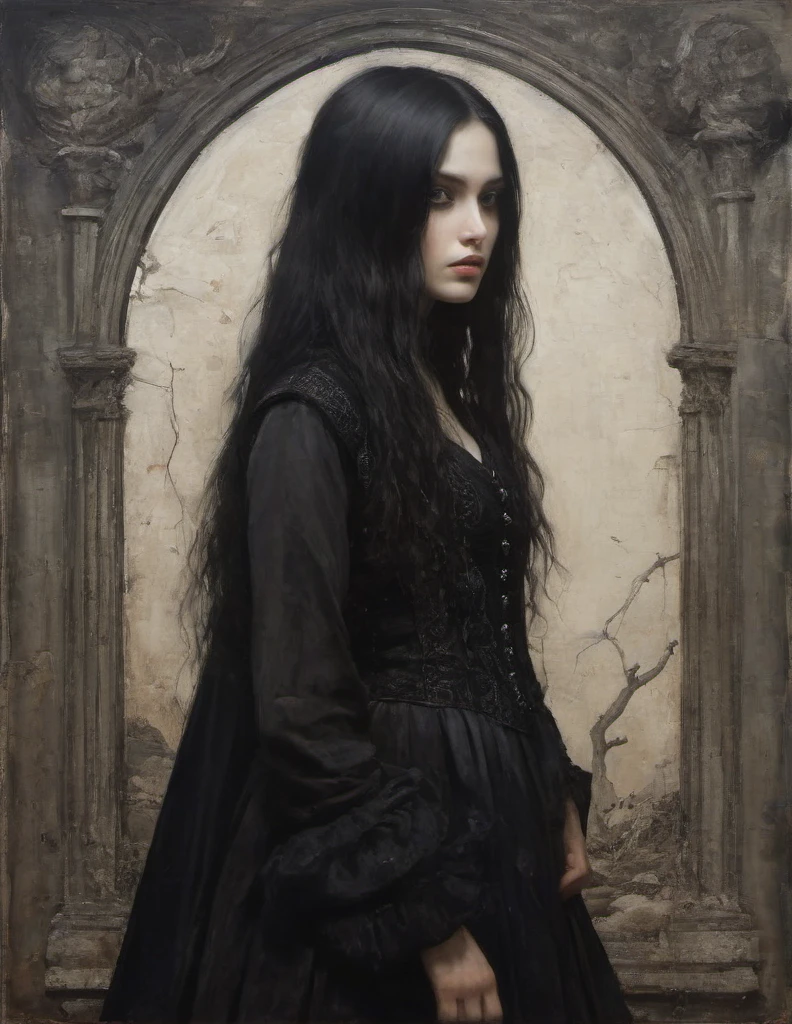 James Gurney, Surrealist art , dream-like, Mysterious, Provocative, symbolic, Complex, detailed,, (Gothic but very beautiful:1.4), (masterpiece, highest quality:1.4) , Nicola Samori Style, young girl with long black hair, gray eyes, black vest