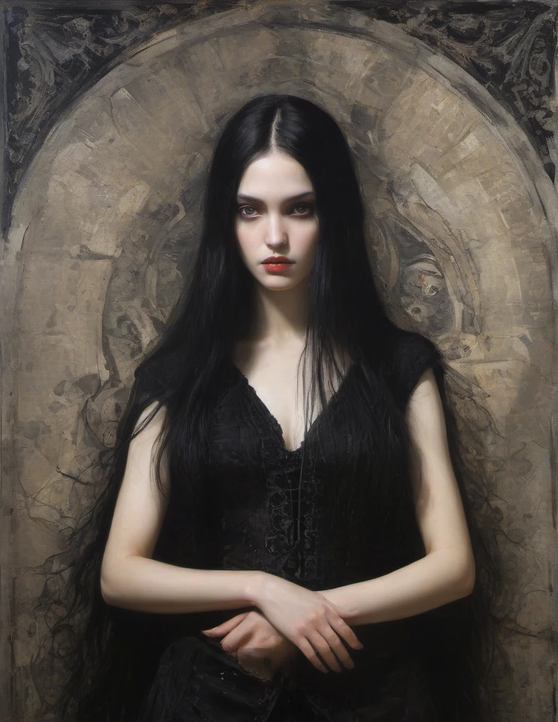 James Gurney, Surrealist art , dream-like, Mysterious, Provocative, symbolic, Complex, detailed,, (Gothic but very beautiful:1.4), (masterpiece, highest quality:1.4) , Nicola Samori Style, young girl with long black hair, gray eyes, black vest