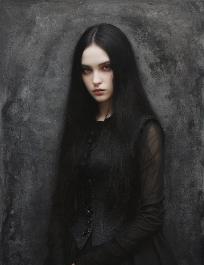 James Gurney, Surrealist art , dream-like, Mysterious, Provocative, symbolic, Complex, detailed,, (Gothic but very beautiful:1.4), (masterpiece, highest quality:1.4) , Nicola Samori Style, young girl with long black hair, gray eyes, black vest