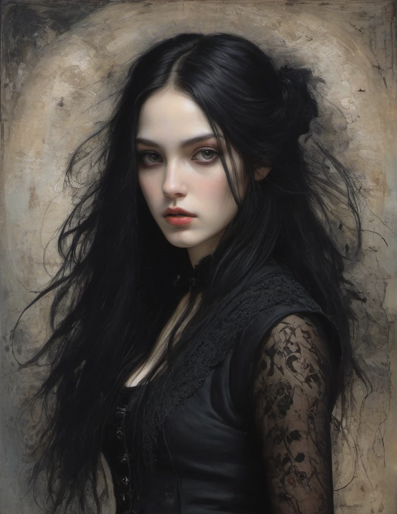 James Gurney, Surrealist art , dream-like, Mysterious, Provocative, symbolic, Complex, detailed,, (Gothic but very beautiful:1.4), (masterpiece, highest quality:1.4) , Nicola Samori Style, young girl with long black hair, gray eyes, black vest