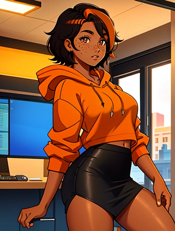 20 year old college student, she has tan-bronze skin with some freckles, short black hair with orange highlights, amber colored eyes, she's wearing a blue hoodie and pencil skirt