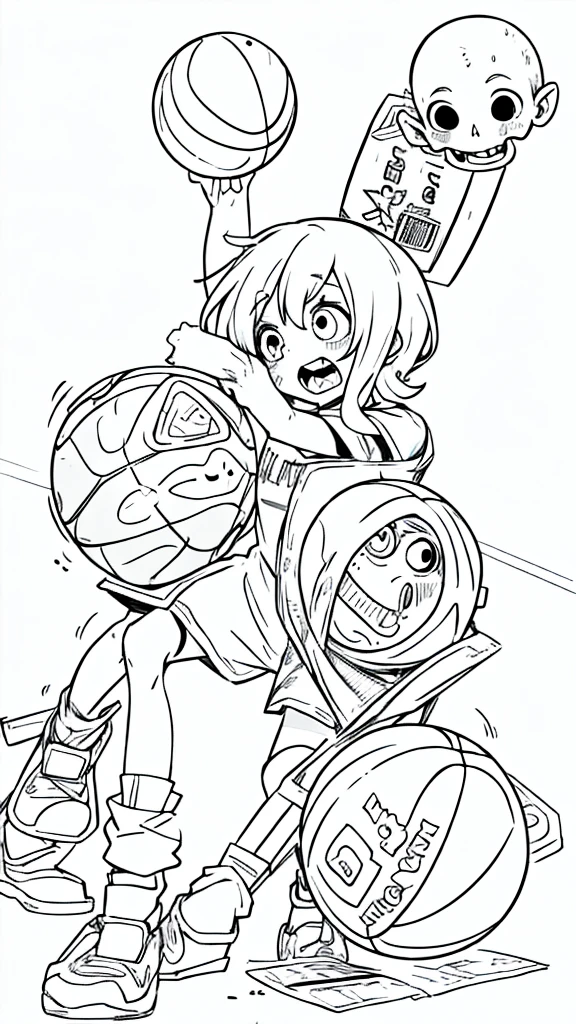 A cute zombie playing basketball, line drawing, simple line art, coloring page style, white background