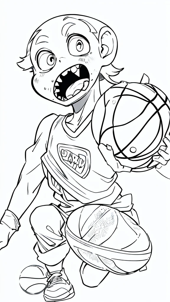 A cute zombie playing basketball, line drawing, simple line art, coloring page style, white background