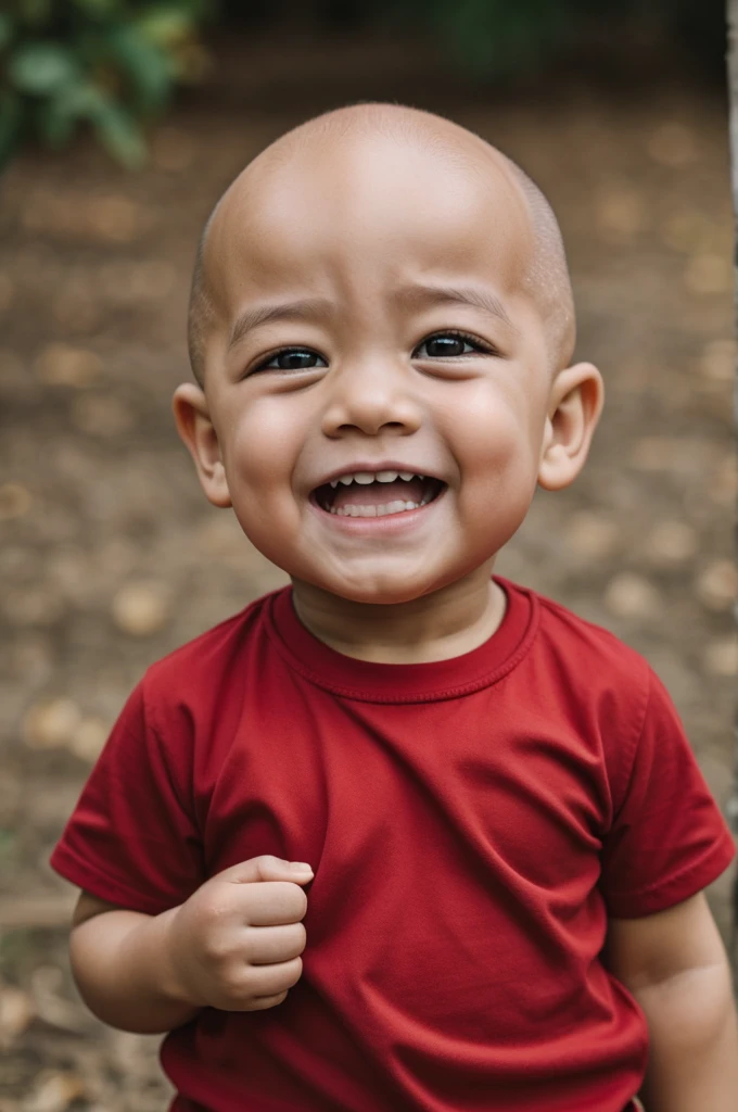 Very crying semi bald 2 year old boy with red shirt