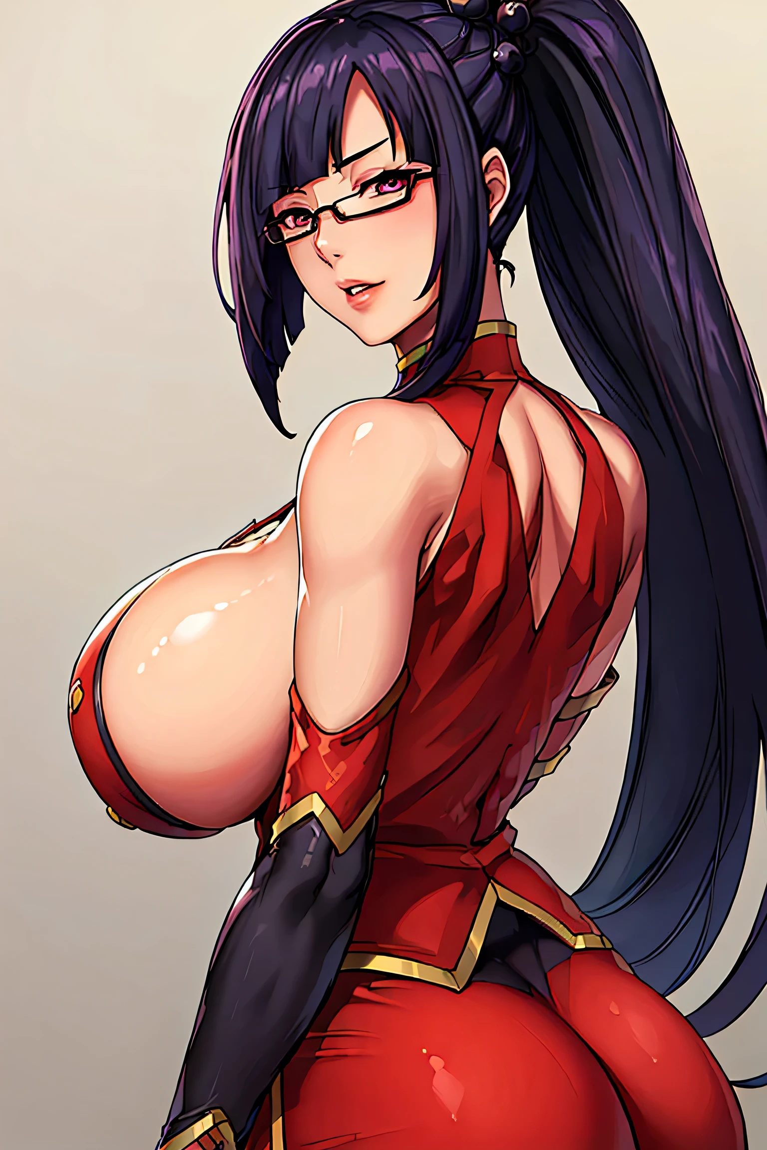 very tempting pose, in the bedroom, redgown, Chinese clothing, neckline cutout, clothing cutout, bared shoulders, rimless eyewear, Bblack hair, pretty long hair, hypdertailed,bangss,purples eyes, 1 girl, 20 year,young female,comely Finger,comely long legs,comely body, comely Nose,comely character design, perfects eyes, face perfect,expressive eyes, perfect balance, gazing at viewer,(Focus on her face), offcial art,Extremely detailed CG 8k unity wallpaper, lighting perfeita,colorfully, Ablaze_front_face_lighting,Caucasian skin, (work of art:1.0),(better_quality:1.0), ultra high resolution,4K,ultra details, Foot, 8K, hdr, high resolution, absurderes:1.2, Kodak porta 400, Film grain, nblurry background, bokeh:1.2, Lens flare, (Vibrant_colour:1.2),Foot profissional, (comely,Huge ass_breastsout:1.4), (comely_face:1.5),(narrow_waist)