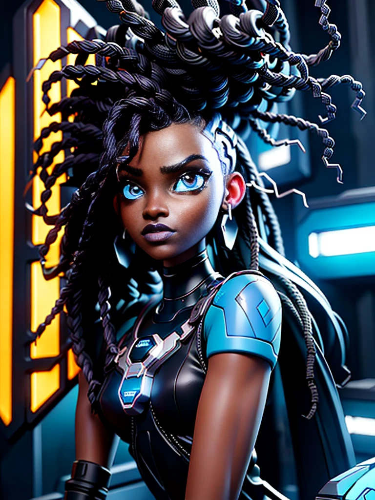 A striking black woman in an imposing futuristic post-apocalyptic cyberpunk environment full of technological details. The woman has rich, deep skin, with ebony tones that glow under the scene's neon lighting. Her hair is a bold combination of dreadlocks and braids, decorated with metallic threads and small LEDs that blink softly, reflecting the colorful lights in the room. His face is sculpted with strong, elegant features, highlighting piercing eyes that glow with a cybernetic blue intensity. She wears metallic makeup, with silver shadows and lips painted an intense purple, adding a touch of mystery and power. His athletic body is encased in a futuristic combat suit made from synthetic and metallic materials. The look is a combination of black, silver and neon blue, with details that suggest high technology, such as embedded circuits and light panels. Plates of armor protect his shoulders, arms, and legs, while cables and wires connect to devices on his body, indicating a perfect fusion between human and machine. giving it a lively and dynamic appearance, Hyper Realistic, Cinematic.