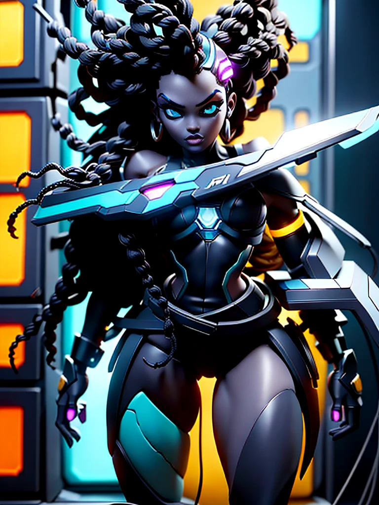 A striking black woman in an imposing futuristic post-apocalyptic cyberpunk environment full of technological details. The woman has rich, deep skin, with ebony tones that glow under the scene's neon lighting. Her hair is a bold combination of dreadlocks and braids, decorated with metallic threads and small LEDs that blink softly, reflecting the colorful lights in the room. His face is sculpted with strong, elegant features, highlighting piercing eyes that glow with a cybernetic blue intensity. She wears metallic makeup, with silver shadows and lips painted an intense purple, adding a touch of mystery and power. His athletic body is encased in a futuristic combat suit made from synthetic and metallic materials. The look is a combination of black, silver and neon blue, with details that suggest high technology, such as embedded circuits and light panels. Plates of armor protect his shoulders, arms, and legs, while cables and wires connect to devices on his body, indicating a perfect fusion between human and machine. giving it a lively and dynamic appearance, Hyper Realistic, Cinematic.