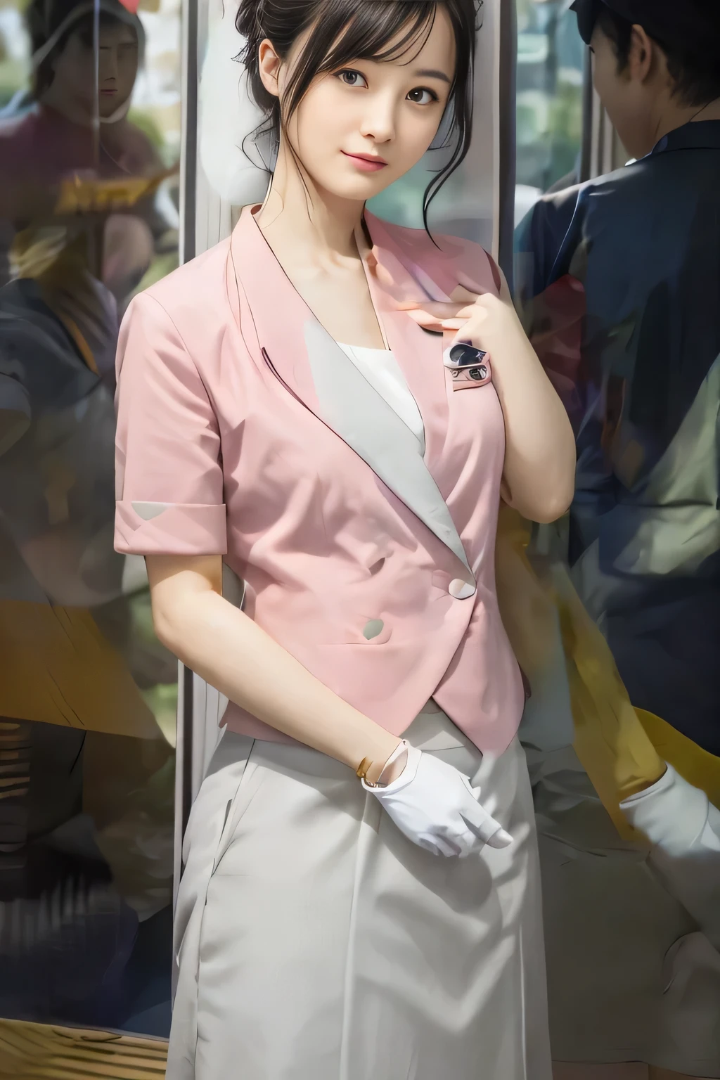 (masterpiece:1.2, Highest quality:1.2), 32k HDR, High resolution, (alone、1 girl)、 (Height: 160cm)、（On the rooftop of a building in the daytime、Professional Lighting）、Building rooftop background、（Nankai train crew uniform pinkを着たリアルスタイル）、（Nankai train crew uniform pink short sleeve collarless pink jacket、Nankai Train Crew Uniform Pink Collarless Short Sleeve Blouse、Nankai Train Crew Uniform Pink Grey Knee-length Culottes）、（The pink jacket is showing from the culottes.）、Dark brown hair、（Hair tied up、Hair tied up、Evening curly hairstyle）、Dark brown hair、Long Shot、Big Breasts、Thin legs、（（Great hands：2.0）），（（Harmonious body proportions：1.5）），（（Normal limbs：2.0）），（（Normal finger：2.0）），（（Delicate eyes：2.0）），（（Normal eyes：2.0））)、smile、（Nankai Train Crew Uniform Pink Grey Knee-length Culottesを見せた美しい歩く姿）、Place your hands around your stomach、Lanyard employee ID card