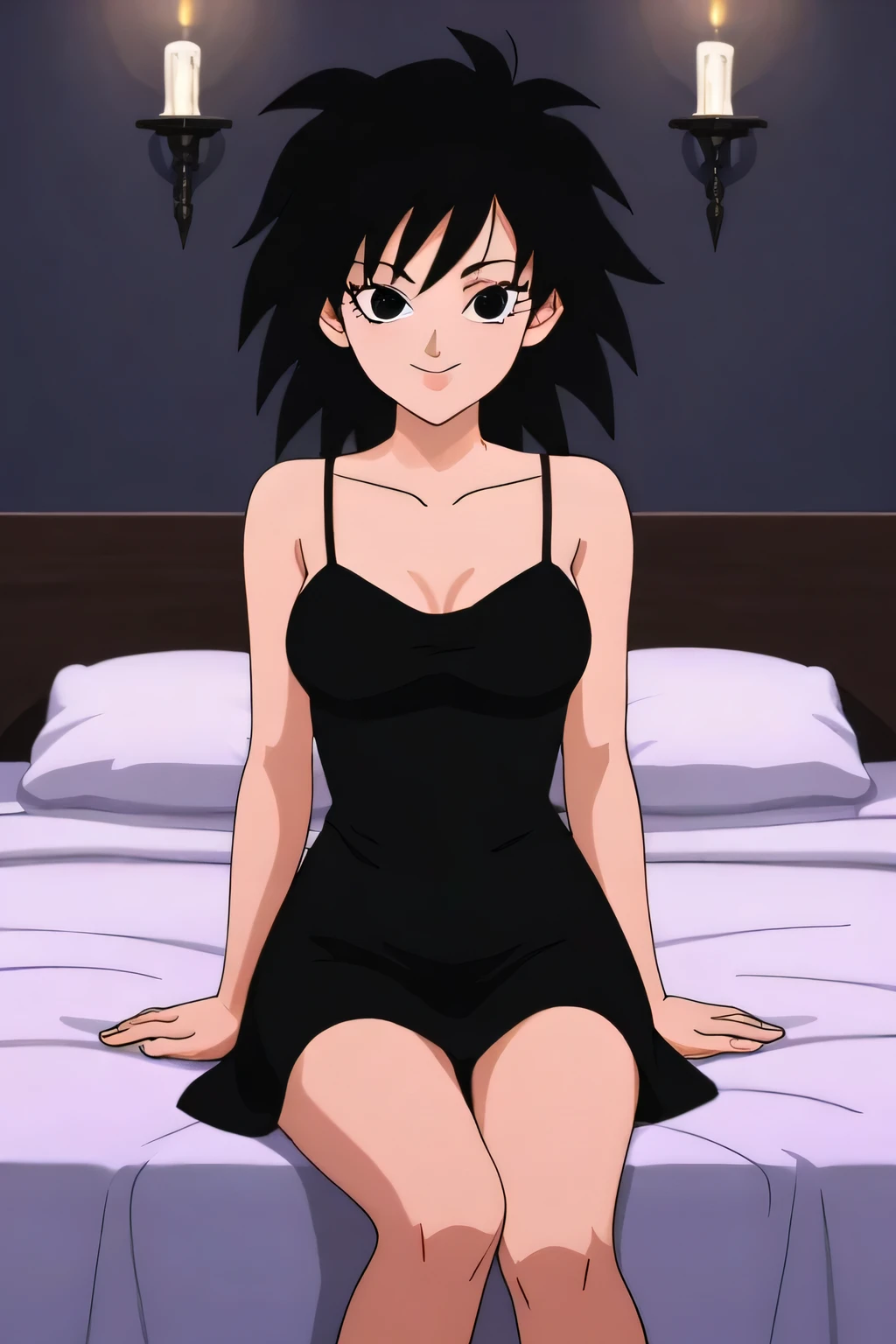 source_anime, score_9,score_8_up, score_7_up, ginedb, anime screencap, 1girl, solo, looking at viewer, smile, medium breasts, black hair, bare shoulders, medium breasts, smile, standing, cowboy shot, medium hair, black eyes, spiked hair, eyelashes, masterpiece, best quality, very aesthetic, absurdres, taut dress, spaghetti strap, black dress, sleeveless, sitting on her bed, cowboy shot, legs crossed, indoor, bedroom, sexy pose, many candles lights across the bed
