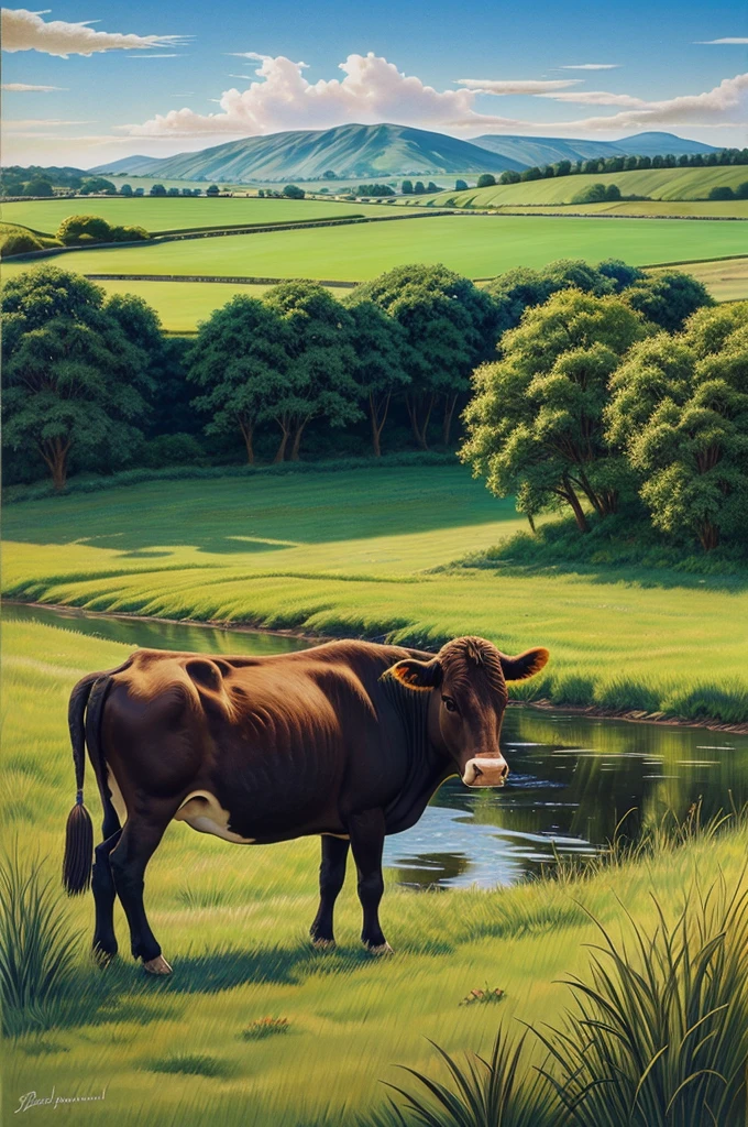 a painting have village river cow and its shed grass field and a beautiful sky