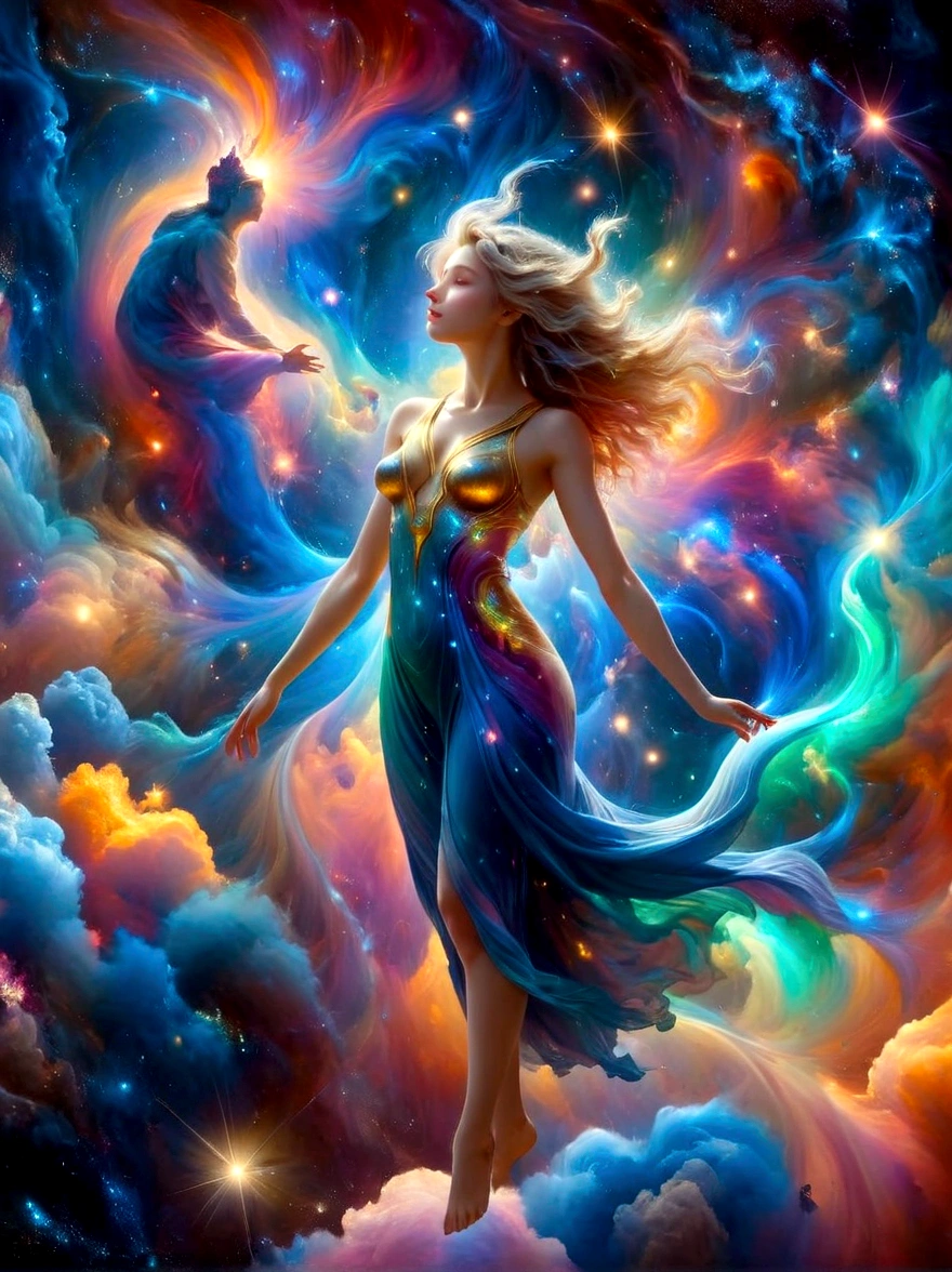 （masterpiece，Highest quality，high resolution，8K），Alone in Space，goddess，Standing，whole body，What a nice view，(像星星一样Floating在天空，Floating)，金光包裹whole body，(The whole body is in the light)，Colorful light of the universe，Genesis，Pillars of Creation