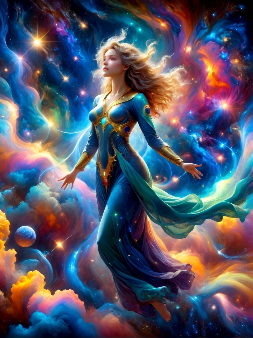 （masterpiece，Highest quality，high resolution，8K），Alone in Space，goddess，Standing，whole body，What a nice view，(像星星一样Floating在天空，Floating)，金光包裹whole body，(The whole body is in the light)，Colorful light of the universe，Genesis，Pillars of Creation