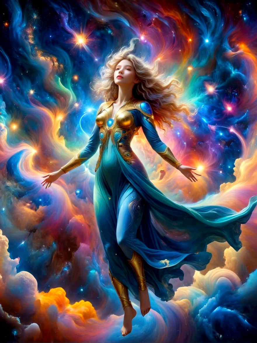 （masterpiece，Highest quality，high resolution，8K），Alone in Space，goddess，Standing，whole body，What a nice view，(像星星一样Floating在天空，Floating)，金光包裹whole body，(The whole body is in the light)，Colorful light of the universe，Genesis，Pillars of Creation