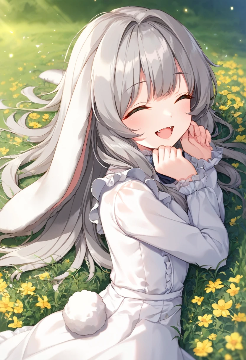 (8k, masterpiece, best quality, ultra-detailed, an extremely delicate and beautiful, official style, depth of field, highly detailed, very aesthetic, intricate, overall detail, perfect anatomy), outdoors, on grass, flower, on stomach, BREAK 1girl, solo, gray hair, long hair, closed eyes, smile, happy, faint lips, open mouth, skin fangs, rabbit girl, (droopy ears, lop-ears, fluffy:1.2), rabbit tail, (white dress, frill, long sleeves:1.2)