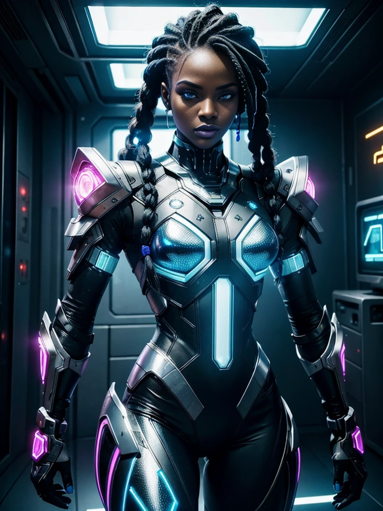 A striking black woman in an imposing futuristic post-apocalyptic cyberpunk environment full of technological details. The woman has rich, deep skin, with ebony tones that glow under the scene's neon lighting. Her hair is a bold combination of dreadlocks and braids, decorated with metallic threads and small LEDs that blink softly, reflecting the colorful lights in the room. His face is sculpted with strong, elegant features, highlighting piercing eyes that glow with a cybernetic blue intensity. She wears metallic makeup, with silver shadows and lips painted an intense purple, adding a touch of mystery and power. His athletic body is encased in a futuristic combat suit made from synthetic and metallic materials. The look is a combination of black, silver and neon blue, with details that suggest high technology, such as embedded circuits and light panels. Plates of armor protect his shoulders, arms, and legs, while cables and wires connect to devices on his body, indicating a perfect fusion between human and machine. giving it a lively and dynamic appearance, Hyper Realistic, Cinematic.