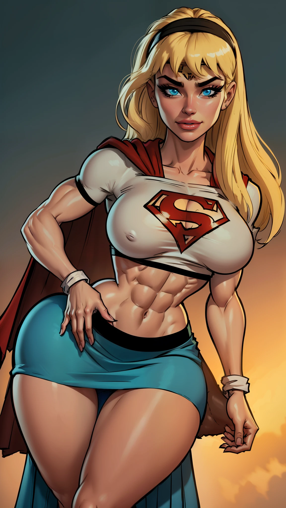 WITH YOUR BACK TO THE CAMERA,((ultra quality)), ((masterpiece)), supes, cute smile, smile, ((long blonde hair)), (Beautiful face), (beautiful female lips), (), charming, ((sexy facial expression)), (white skin color), (white skin), glare on the body, ((detailed beautiful female eyes)), ((dark brown eyes)), (juicy female lips), (dark eyeliner), (crop top, midriff, cape )(((headband))), (((blue long skirt))), wide eyebrows, abs, slanted green eyes, makeup eyelids, big cheekbones, thin cheeks, defined jaw, (beautiful female hands), ((ideal female figure)), ideal female body, beautiful waist, gorgeous thighs, beautiful huge breasts, cleavage,((subtle and beautiful)), sexy worth