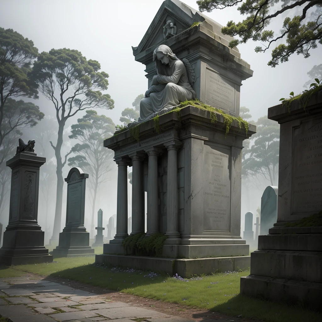 A cemetery shrouded in early morning fog, where gray marble tombstones stand like silent sentinels. In the pale light of the moon, the shadows of the gnarled trees dance between the mossy tombs. mid-air, a faint smell of wet earth mixes with the scent of wilted flowers and burnt candles. An ethereal mist hangs over the narrow alleys, where stone angels guard centuries-old tombs adorned with black roses, silent witnesses of the passage of time and the memory of those who departed.