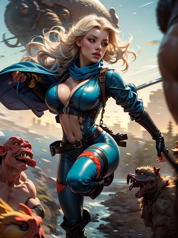 (Fantasy_RPG)、(young_Transcendently beautiful_Ideal proportions_Big Breasts_Porcelain-like skin_Bluenette＿Long hair tied up in a braid_Adventurer_woman)、(Serious expression)、(Dungeons_duck_latex_Bodysuits、Dungeons_duck_Knee-high boots、Dungeons_duck_Long gloves、Dungeons_duck_scarf)、(Light_sacred_Long sword＿Slay the monsters_motion blur effect:1.7)、(Dungeonsの奥深く)、(Highest quality、4K、8K、High resolution、masterpiece:1.2)、Super detailed、(Real、Photorealistic、Photorealistic:1.37)、Portrait、Bright colors、Dramatic lighting、Enchanting、Functional、Dynamic pose、Exquisite detail