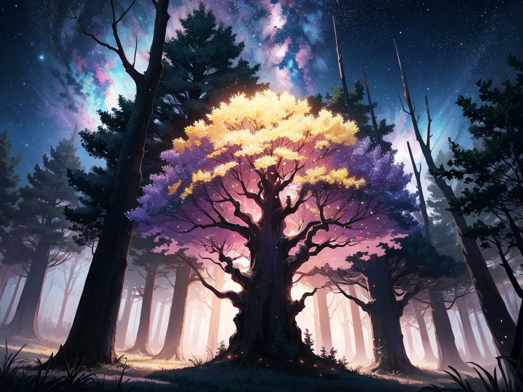 high quality, 8K Ultra HD, In "Celestial Dreamscape," the canvas bursts with ethereal colors that seem to defy the laws of nature, The sky is a mesmerizing blend of deep indigo and shimmering hues of violet, as though it holds secrets from distant galaxies, A cascade of celestial bodies, including otherworldly planets and iridescent moons, orbits in a cosmic dance, casting a soft glow upon the dreamlike landscape, The foreground reveals an enchanted forest, where trees are adorned with phosphorescent leaves that emit a gentle, soothing light. The trunks of these mystical trees twist and intertwine, creating archways that beckon viewers to explore the hidden realms beyond, Small, luminescent creatures flit between the branches, leaving trails of stardust in their wake, by yukisakura, high detailed,