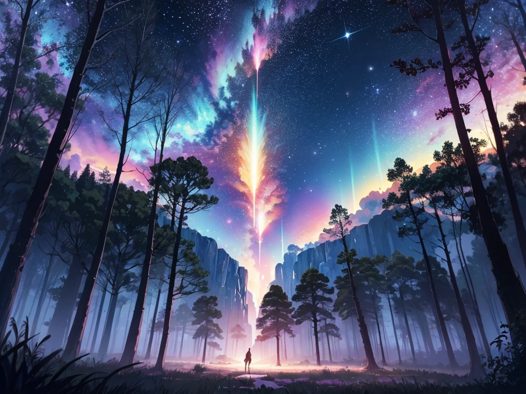 high quality, 8K Ultra HD, In "Celestial Dreamscape," the canvas bursts with ethereal colors that seem to defy the laws of nature, The sky is a mesmerizing blend of deep indigo and shimmering hues of violet, as though it holds secrets from distant galaxies, A cascade of celestial bodies, including otherworldly planets and iridescent moons, orbits in a cosmic dance, casting a soft glow upon the dreamlike landscape, The foreground reveals an enchanted forest, where trees are adorned with phosphorescent leaves that emit a gentle, soothing light. The trunks of these mystical trees twist and intertwine, creating archways that beckon viewers to explore the hidden realms beyond, Small, luminescent creatures flit between the branches, leaving trails of stardust in their wake, by yukisakura, high detailed,