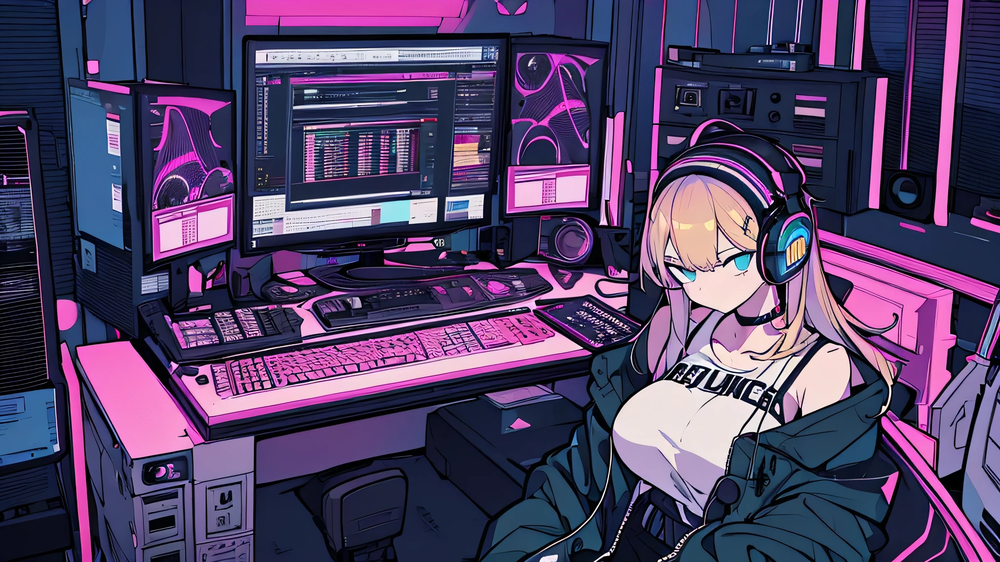 Best quality, (masterpiece:1.2), best detail face, 1 girl, big breasts, 18 yo, 8k,absurdres,unity 8k wall paper,(extremely detailed:1.3), highest realistic, (simple headphones:1.1), (soft neon light:1.1), (floating hair:1.2), (psychedelic:1.2), Her room full of music equipment and plants, Leaning back on the chair with a casual attitude, Light clothing in summer, dark color palette, blonde mesh hair color