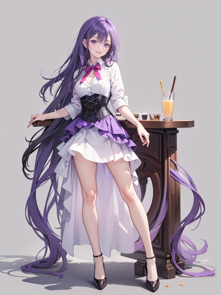 purple,(((long hair))),woman,Bartender,corset,shirt,(Roll up your sleeves)tiehigh heels,all,simple background,smile,whole body,full body,full body,Standing picture,vtuber,upright,,look forward to,body facing forward