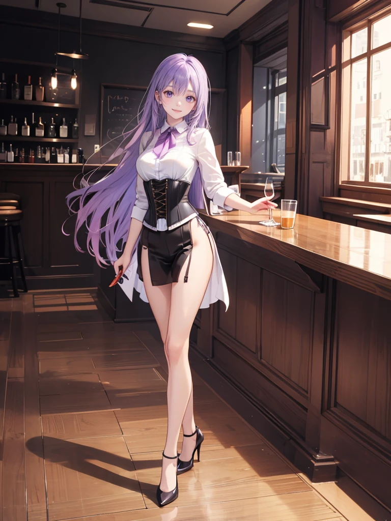 purple,(((long hair))),woman,Bartender,corset,shirt,(Roll up your sleeves)tiehigh heels,all,simple background,smile,whole body,full body,full body,Standing picture,vtuber,upright,,look forward to,body facing forward