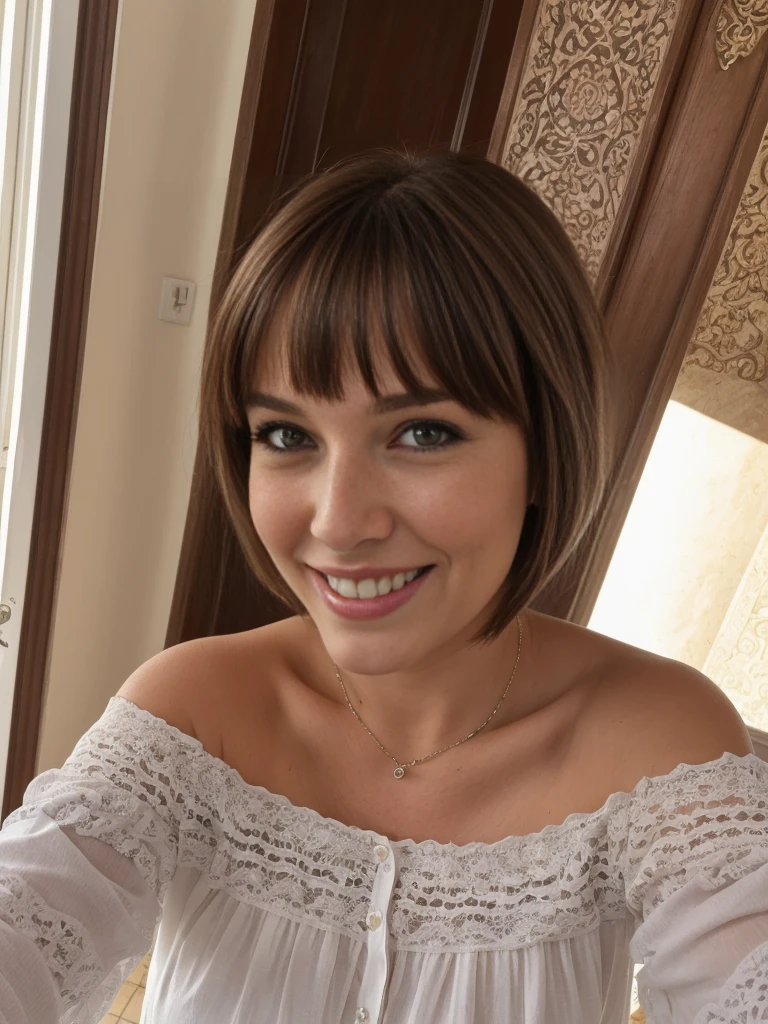 1girl, solo, realistic, her name is Cathlyn, she is a Caucasian brunette, 30 years old, mature face and body, smiling, short hair with bangs, chubby, wearing a off shoulder blouse inside Algarve Villa transient, (((selfie shot)))