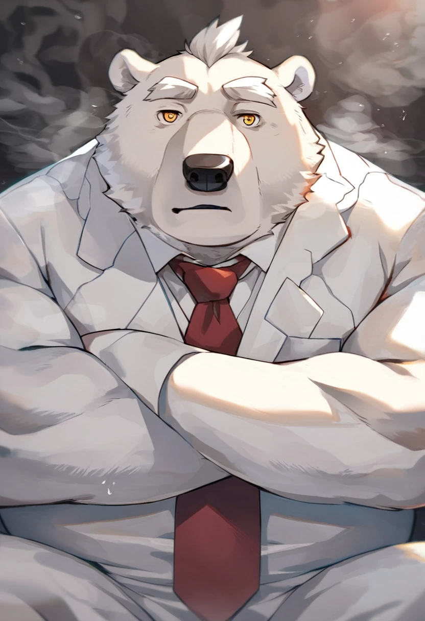 polar bear，personification，Mature male，Strong Man，White hair，naked，Cold expression，Golden pupils，White suit suit，Red tie，whole body，The Age of Steam。