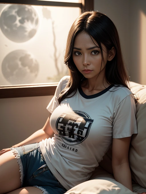 35 year old female, longye hair, neutral expression, traços ocidentais, camiseta e short, sentada na cama, dark bedroom, moonlight shining through the window