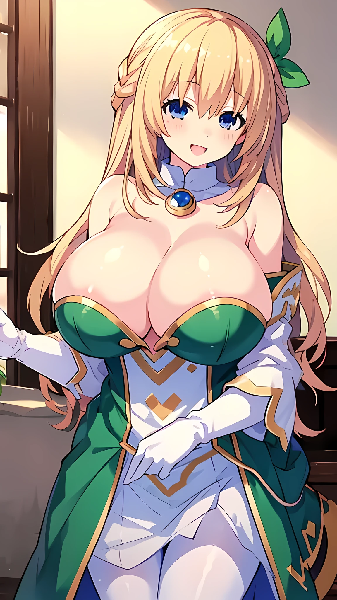 8k, RAW photo, best quality, masterpiece:1.2, 1girl,solo, curvy, blonde hair, blue eyes, blush, smile, :D,huge breasts, cleavage, breasts out, open clothes, nsfw, long hair, looking at viewer, white pantyhose, green and white dress, white gloves, vert_/neptune series/:1.3