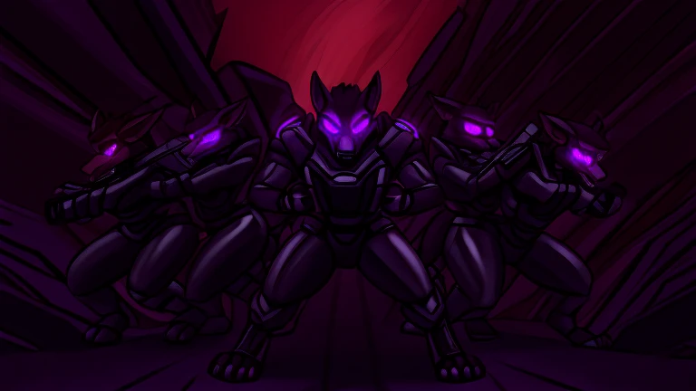 Vortex group of female and male hellhounds, brown fur, using a gray latex suit, and a black techno collar, hypnotized with glowing purple eyes without iris or pupils, big, using a Pulse Rifle, Energy Rifle, Futuristic assault rifle, fight action pose, angry growling, full body image, running through the red jungle of hell background