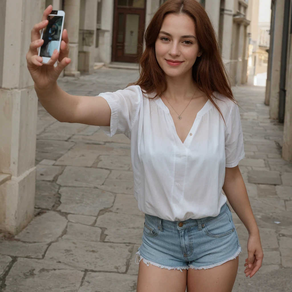 1 girl, solo, Caucasian, Old woman, mature, her name is Sophia, ((consistent face and image)), (((60 years old woman))), (((wrinkles))), ((long red hair)), ((fair skin)), ((round face)), ((short roman nose)), ((brown plump lips)), ((full body)), ((half body shot)), (((sexy and chubby body))), (((wearing shorts and blouse))), (at Portugal), smirk, (((selfie))), ((summer season)), 