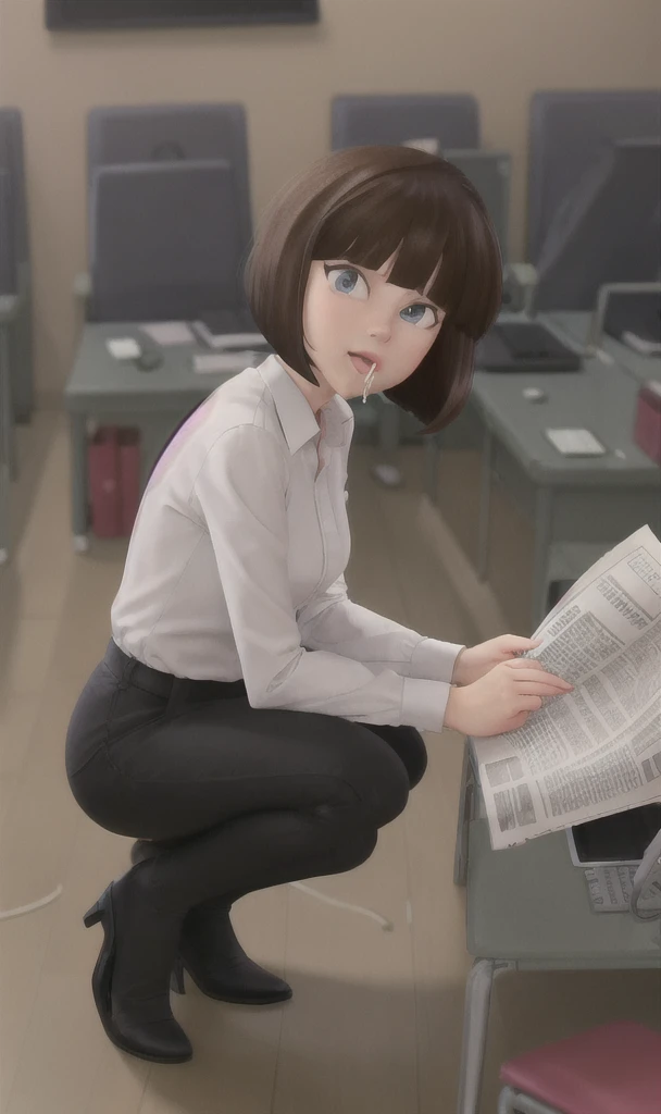 bettybrant2023, 1  girl working in office on her knees sucking a guys long huge cock, , best quality, masterpiece, newspaper, bob cut, 5 fingers, pixar style,